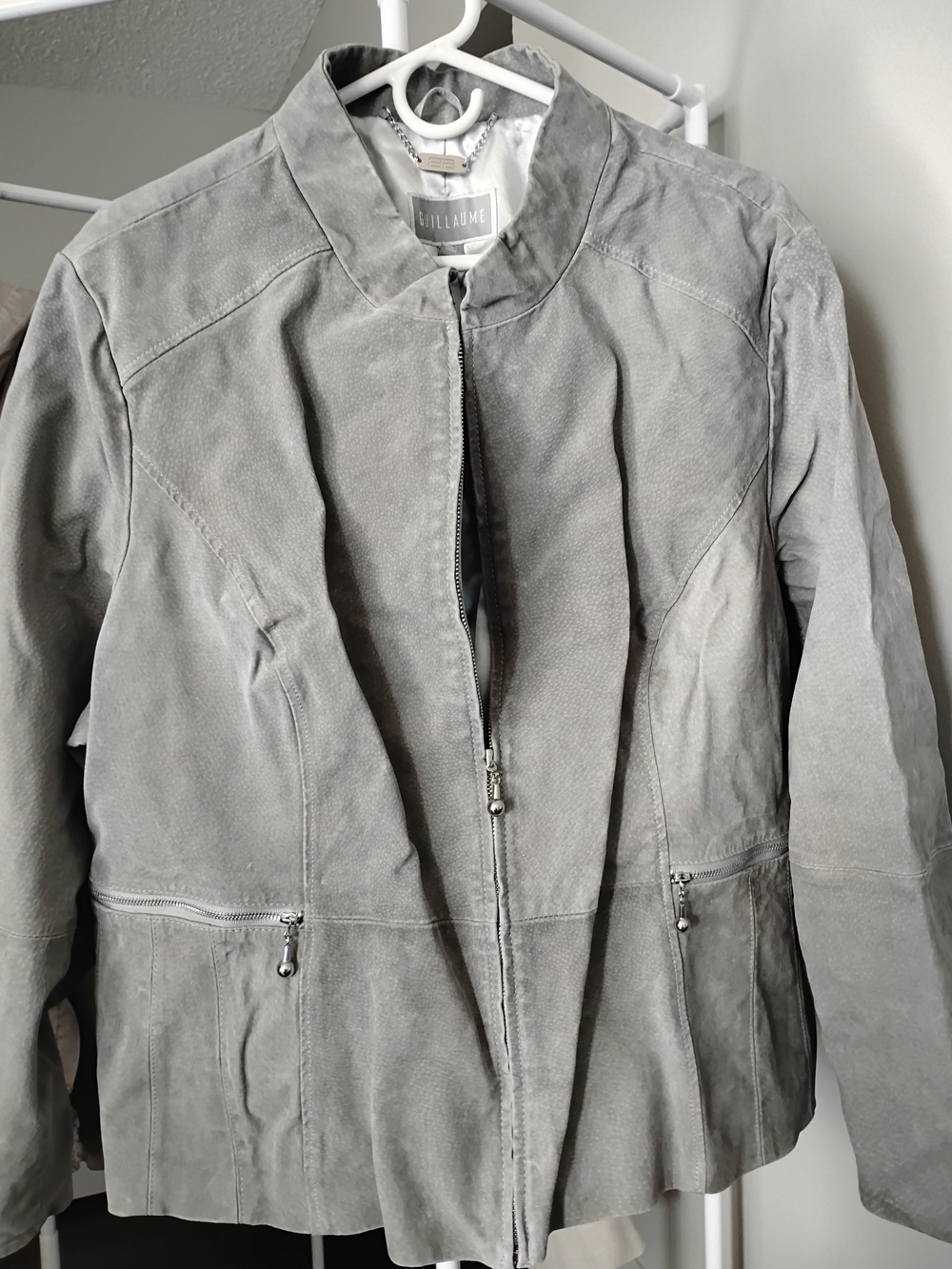Guillaume Gray Suede Leather Front Zip-up Long Sleeve 2 Pockets Leather Jacket